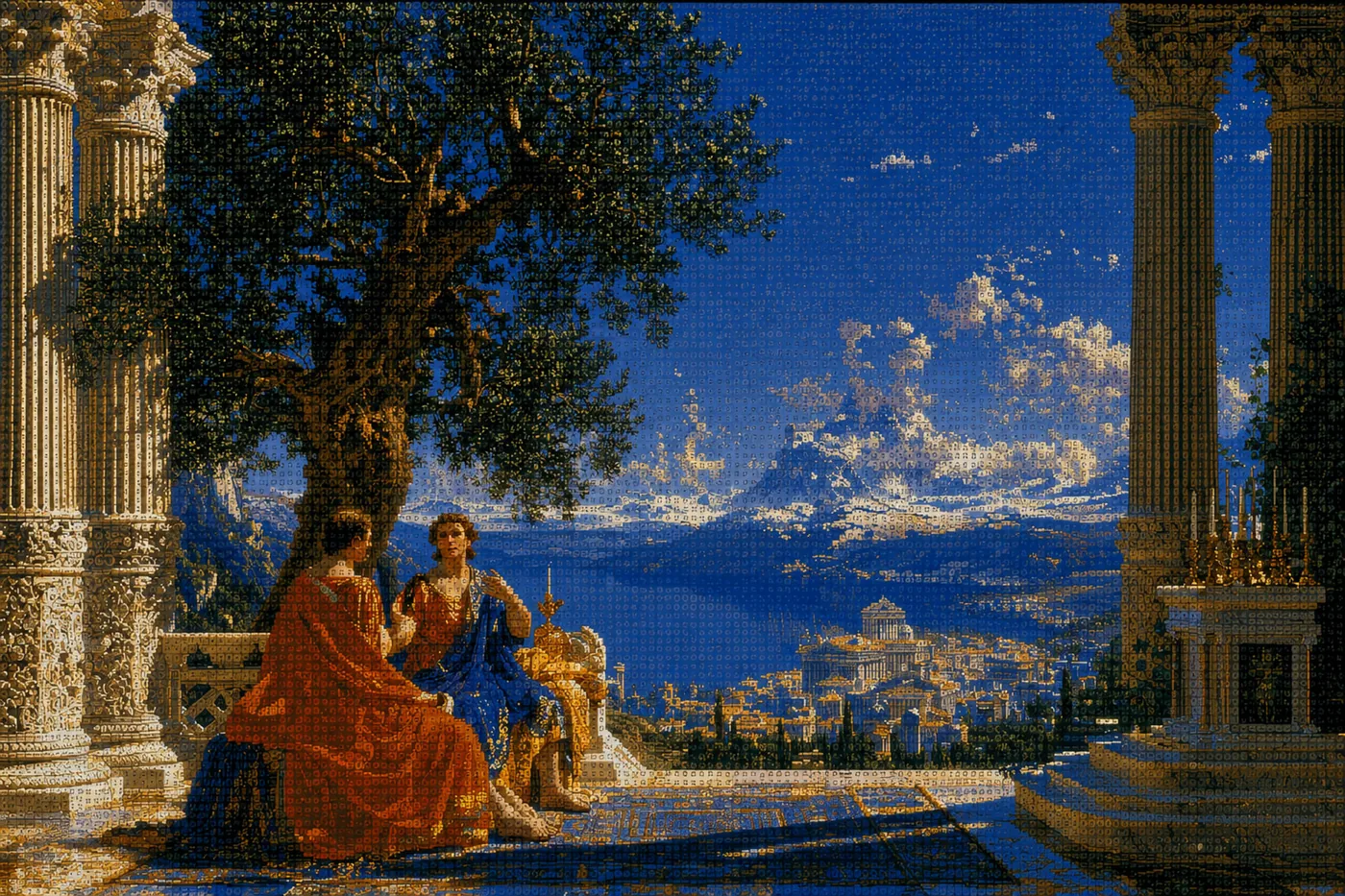 Pintura de terraço clássico com vista para a cidade